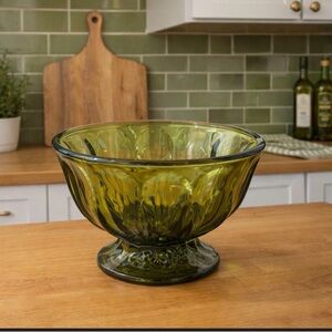 Vintage Anchor Hocking Avocado Green Glass Pedestal Bowl